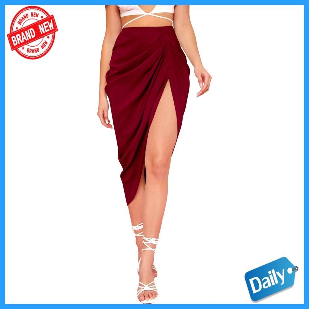High Waist Satin Midi Skirt with Front Split and Zip Back